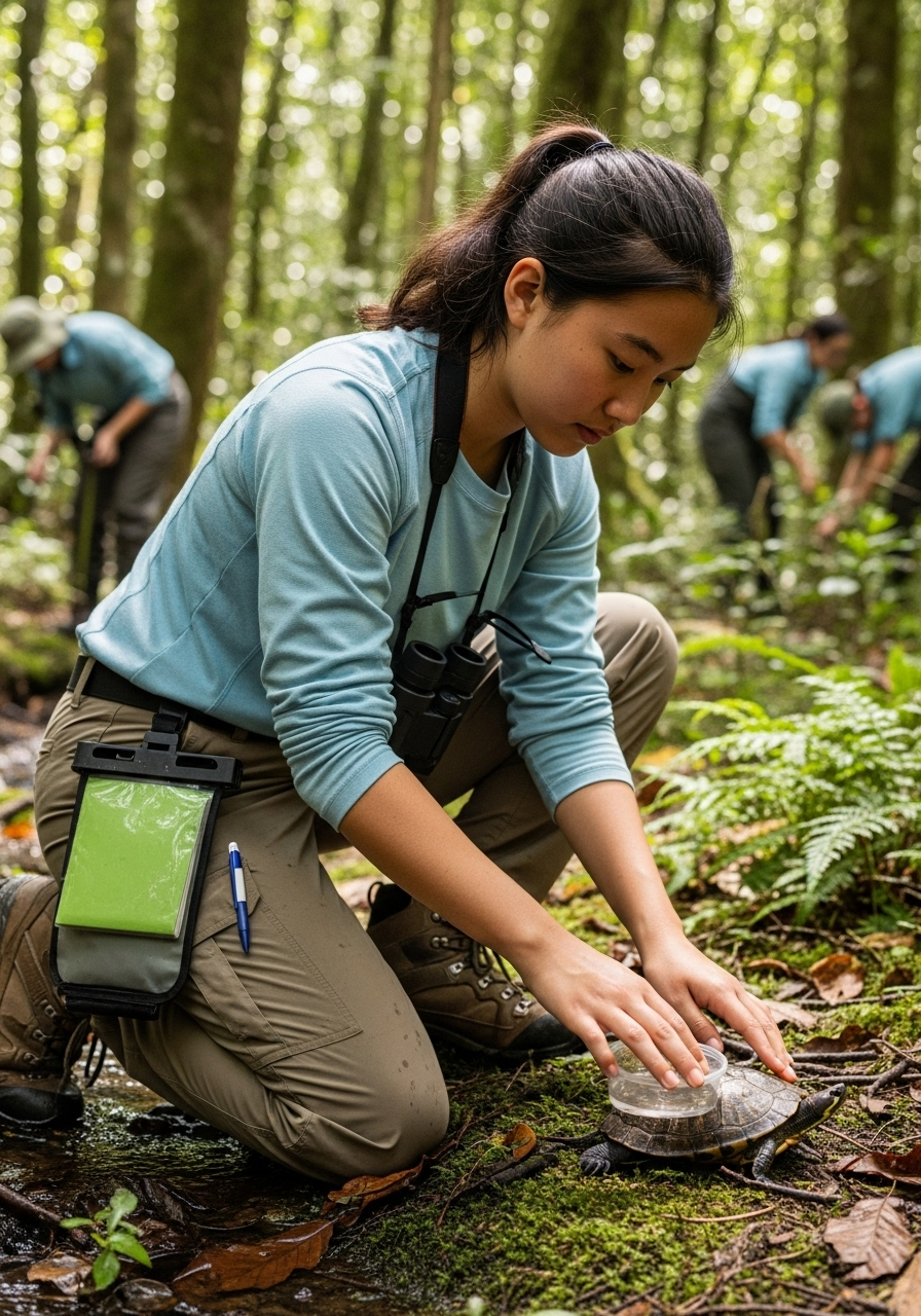 Person in a forest setting conducting scientific research or conservation work.